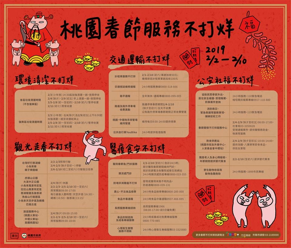 大桃園過年春節服務資訊懶人包(垃圾清潔/停車免收費/醫院門診時間/國道管制/市長參香行程)