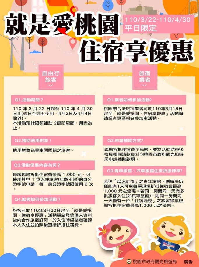 桃園自由行住宿補助（每人最高補助2000，再送免費一日遊，就是愛桃園，住宿享優惠）