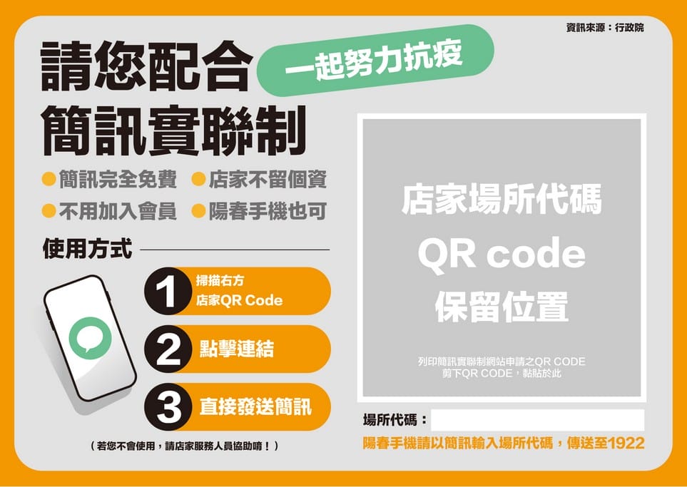 簡訊實聯制，五秒三步驟即可完成，免費也免填個資