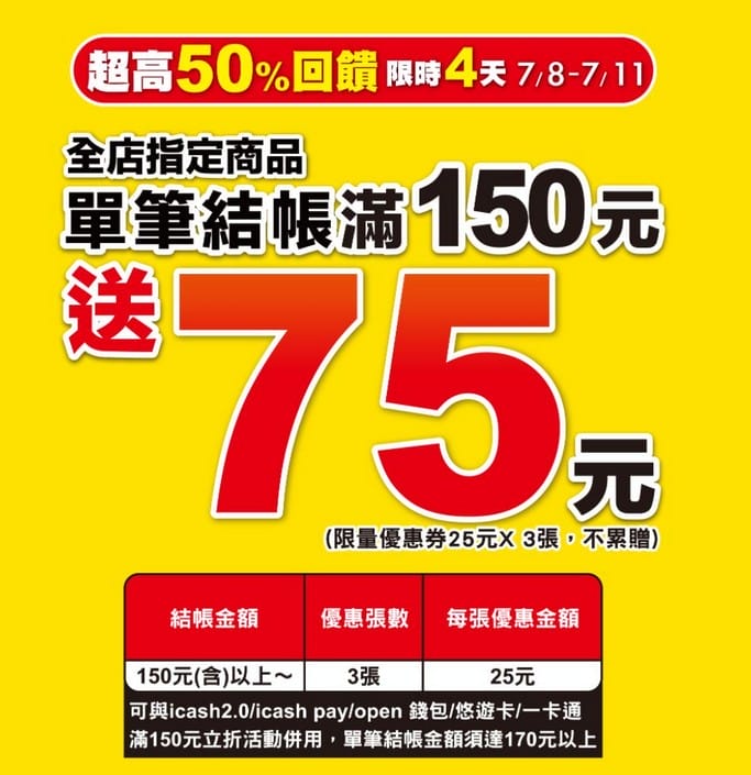 7-11全民振興經濟日（結帳滿150元送75元，憑五大支付工具滿150元享88折）