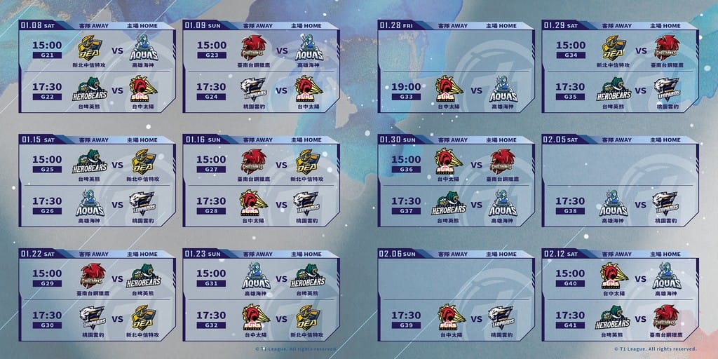 T1 League職業籃球聯盟（台灣啤酒英熊、新北中信特攻、桃園雲豹、臺中葳格太陽、臺南台鋼獵鷹和高雄全家海神）