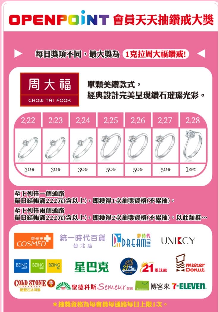 7-11愛的分享週天天抽鑽戒（統一集團消費滿222，限時7天抽百萬鑽戒）