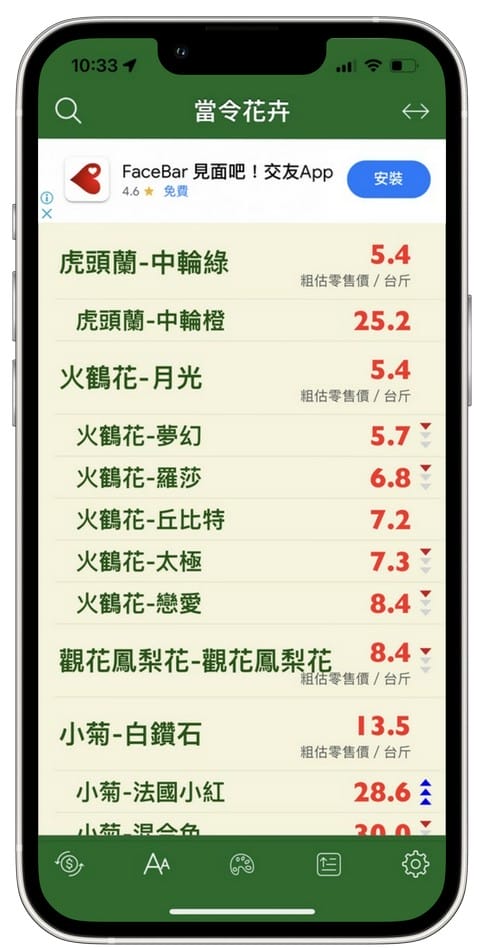 當令蔬果生鮮APP（查詢台灣當季蔬菜、水果、漁產、肉品、花卉、白米的平均批發價）