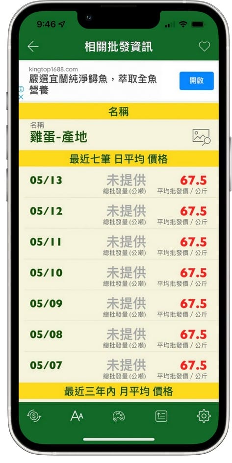 當令蔬果生鮮APP（查詢台灣當季蔬菜、水果、漁產、肉品、花卉、白米的平均批發價）
