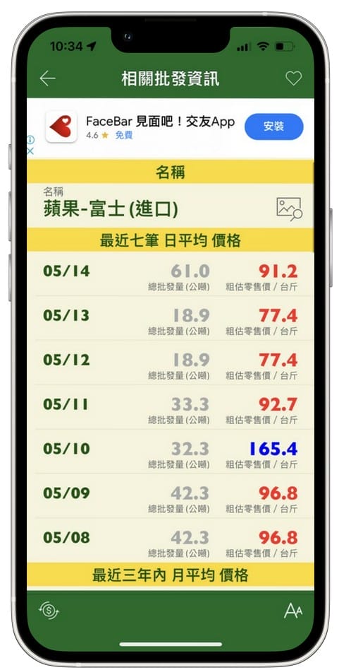 當令蔬果生鮮APP（查詢台灣當季蔬菜、水果、漁產、肉品、花卉、白米的平均批發價）