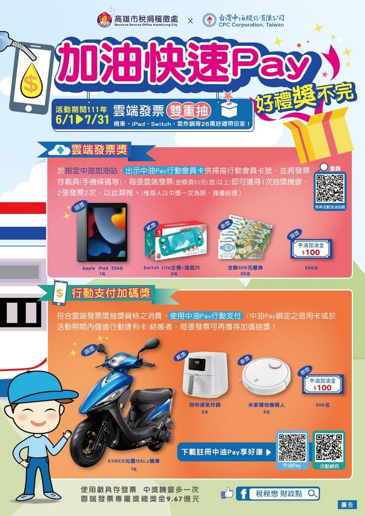 中油Pay支付加油好禮獎不完（抽光陽機車、氣炸鍋、掃地機器人、Apple Ipad、swith Lite）