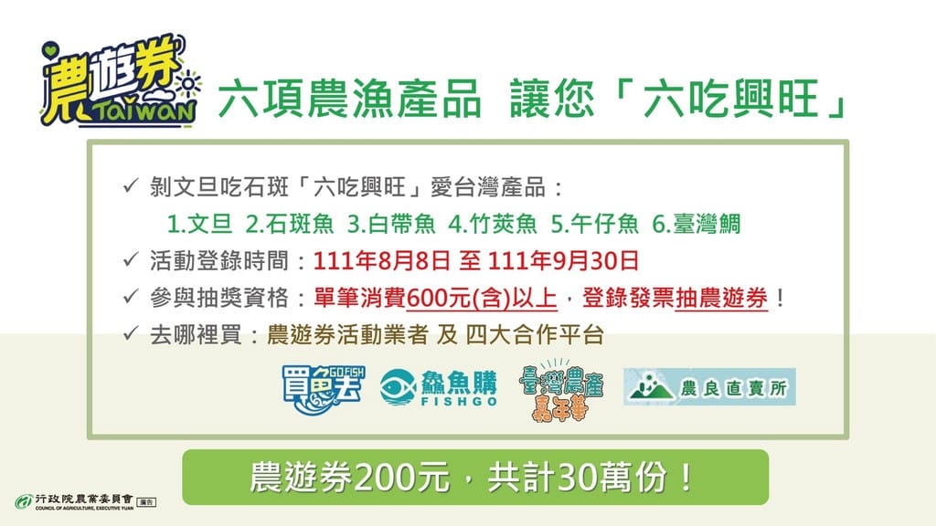 農遊券3.0(購買文旦、石斑魚、白帶魚、竹筴魚、午仔魚、臺灣鯛,超過600元即可抽200元農遊券) - 第3張圖 農遊券3.0(購買文旦、石斑魚、白帶魚、竹筴魚、午仔魚、臺灣鯛,超過600元即可抽200元農遊券)