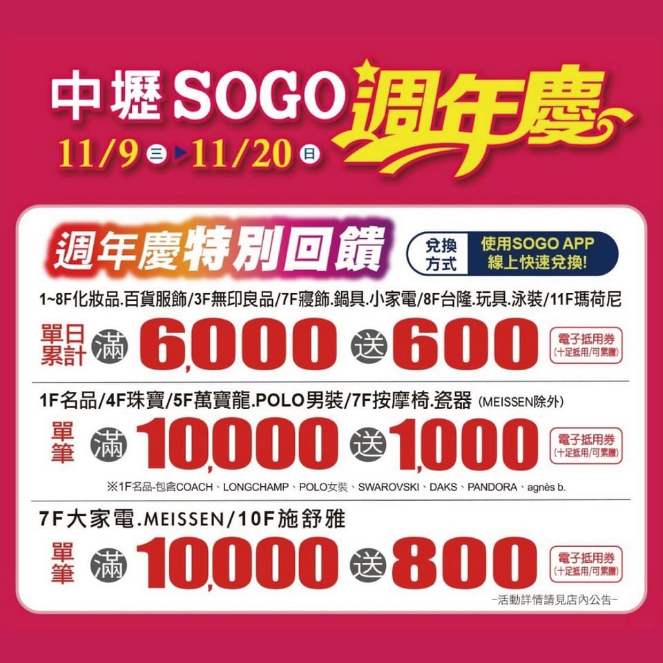 2022桃園百貨公司週年慶（線上優惠DM，檔期時間，中壢SOGO/遠東百貨/新光三越/統領/大江/台茂/A8/A19購物中心）