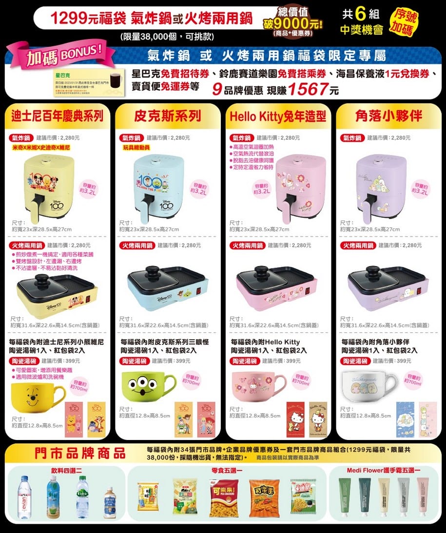 7-11福袋2023（福袋價錢299起，信用卡/外送優惠，與迪士尼、皮克斯、Hello Kitty、角落小夥伴以及卡娜赫拉共同推出30款福袋）