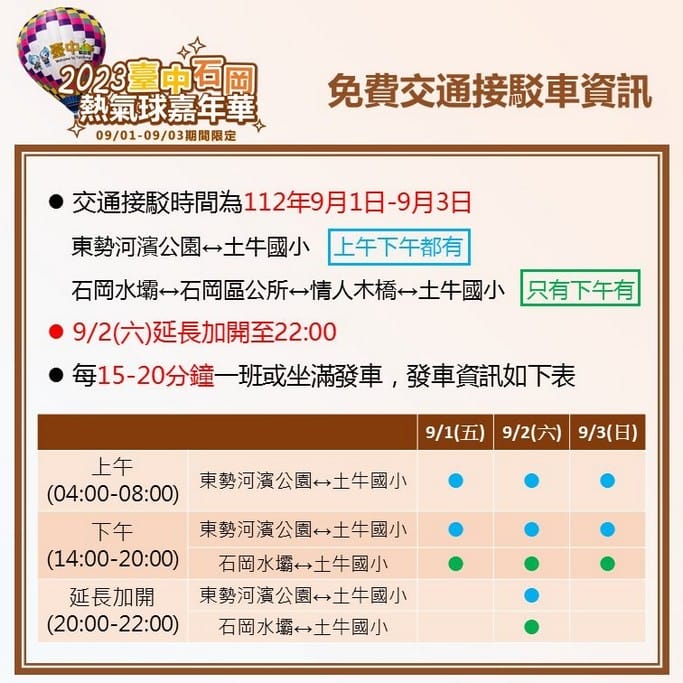 2023台中石岡熱氣球嘉年華（巴西泰迪和琳西熱氣球，繫留體驗、煙火秀、風箏展演秀、市集以及音樂晚會）