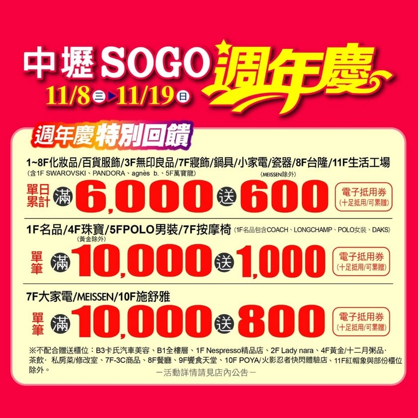 桃園百貨公司週年慶2023（優惠DM，中壢SOGO/遠東百貨/大江/台茂/華泰名品城/新光三越/統領）