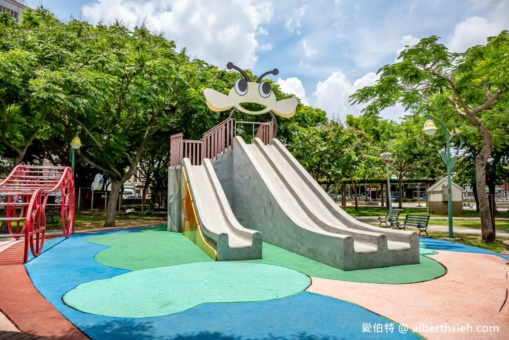 永康公園．桃園親子景點（蜜蜂磨石溜滑梯/瓢蟲攀爬架/尿布型盪鞦韆/戲水池）