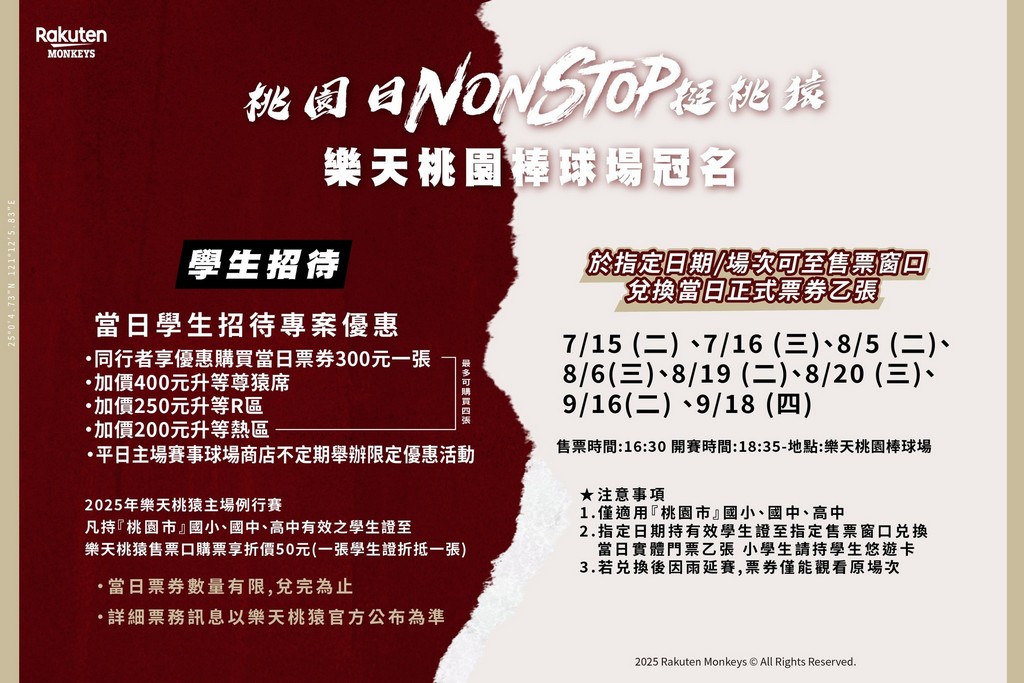 2025樂天桃猿桃園日市民免費看棒球|日期?區民日/學生 @愛伯特