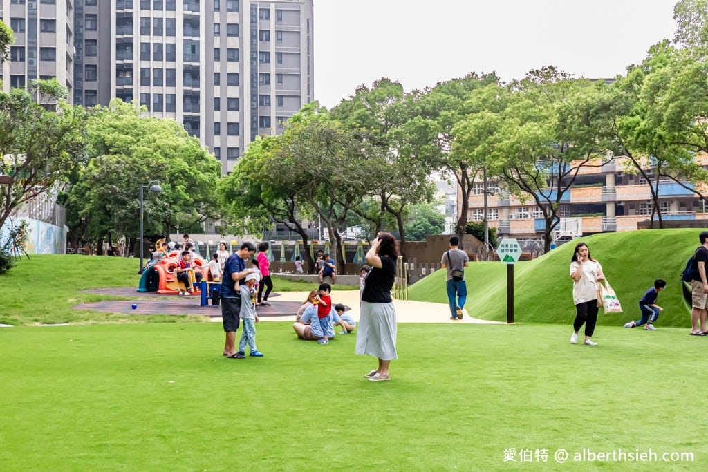 桃園內壢星河親子公園｜樹屋滑梯，佔地廣，山丘草皮地景