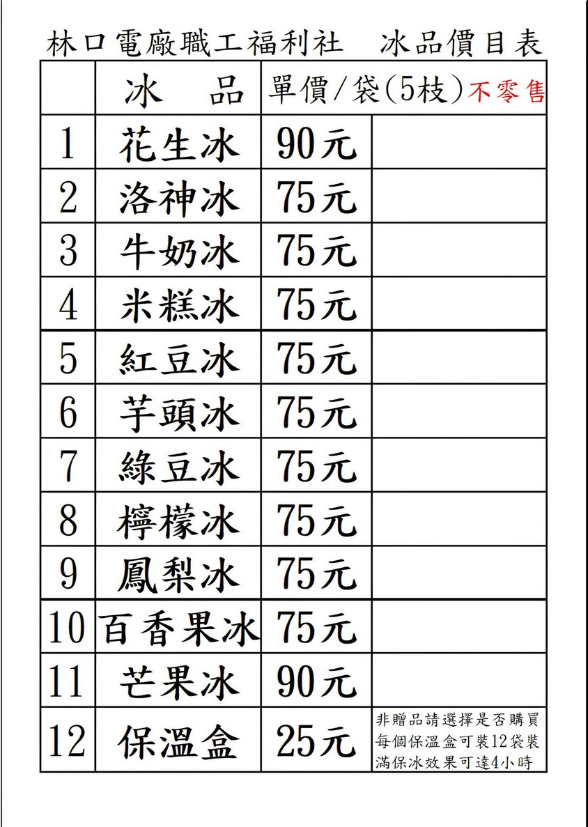 台電林口電廠冰棒冰品品項售價