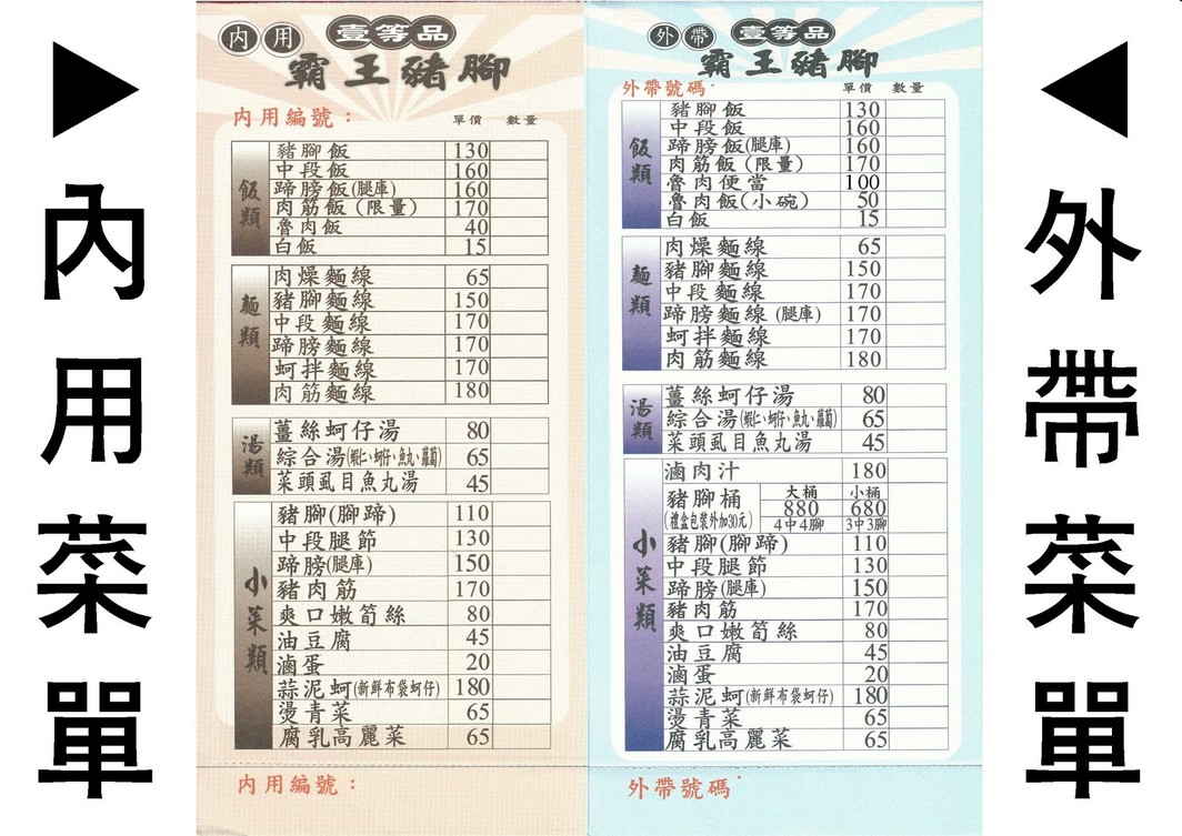 壹等品霸王豬腳菜單價格