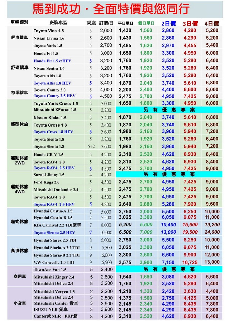 花蓮小馬租車價格