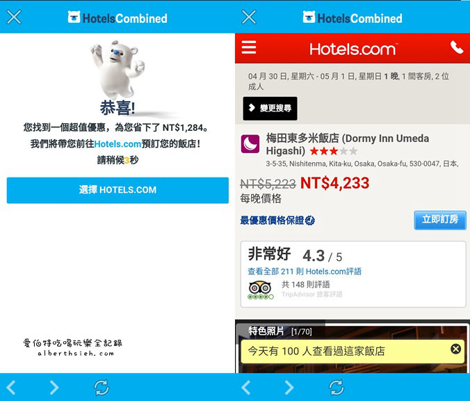 自助旅行．訂房比價 HotelsCombined（顯示含稅總價格並搭配優惠代碼更便宜） @愛伯特
