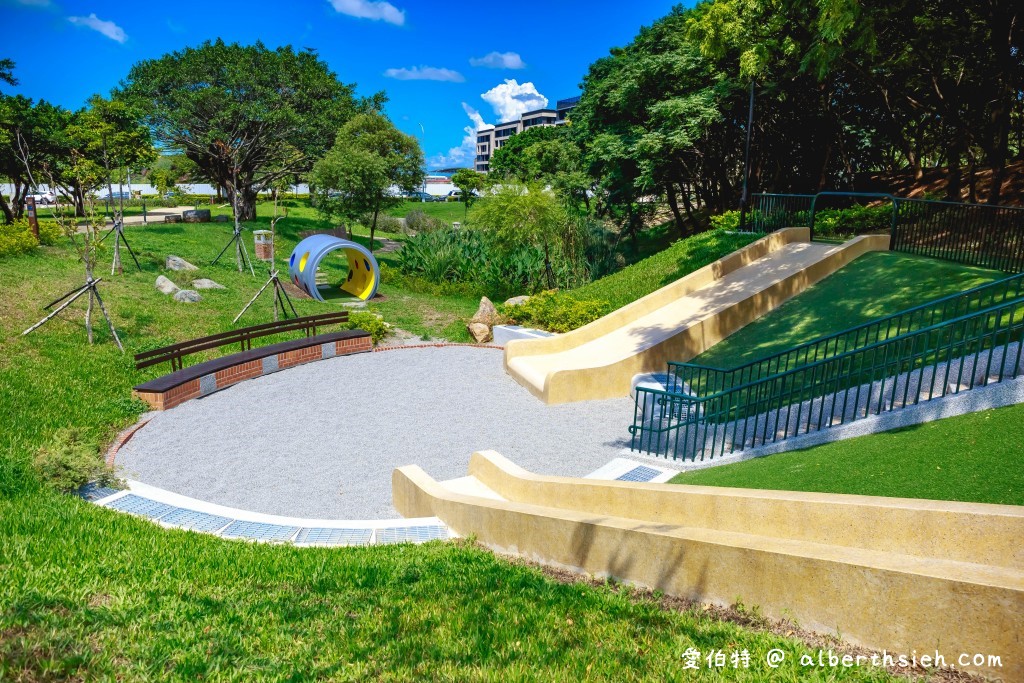 桃園青埔親子景點．橫山書法藝術公園（美麗的埤塘公園，大坡面磨石子溜滑梯、沙坑、鳥巢盪鞦韆） @愛伯特