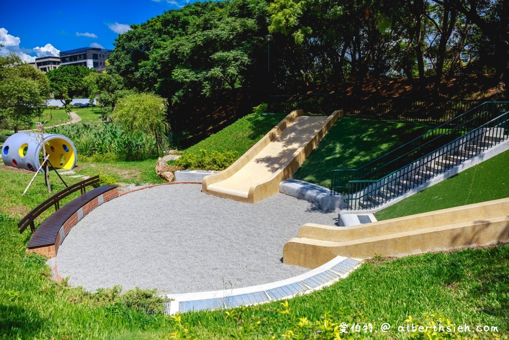 桃園青埔親子景點．橫山書法藝術公園（美麗的埤塘公園，大坡面磨石子溜滑梯、沙坑、鳥巢盪鞦韆） @愛伯特