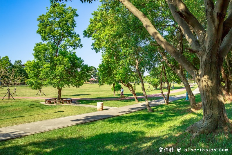 龍岡萬坪公園．中壢親子景點（擁有超大草坪/兒童戲水瀑布/籃球場/自行車專用道/樹蔭林立） @愛伯特