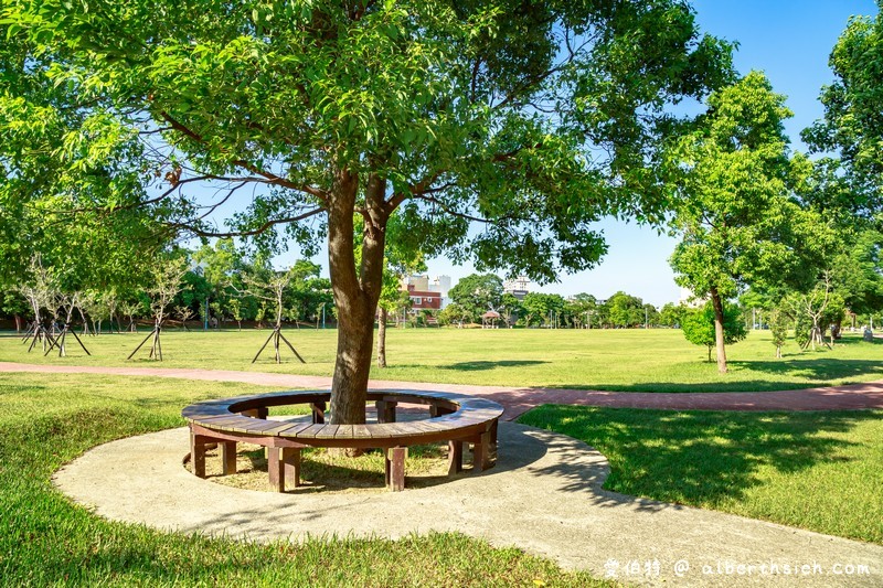 龍岡萬坪公園．中壢親子景點（擁有超大草坪/兒童戲水瀑布/籃球場/自行車專用道/樹蔭林立） @愛伯特