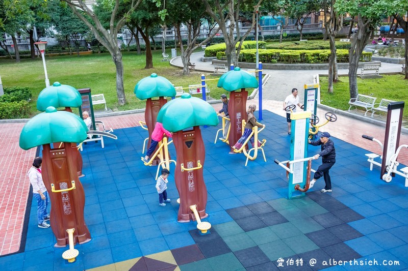 桃園親子景點．溫州公園（劍龍磨石子溜滑梯滑道有寬有窄有彎曲） @愛伯特