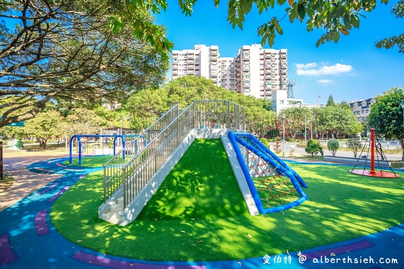 中壢親子公園．中壢藝術園區（土丘溜滑梯、旋轉陀螺、親子鞦韆、攀爬網、攀岩塊） @愛伯特